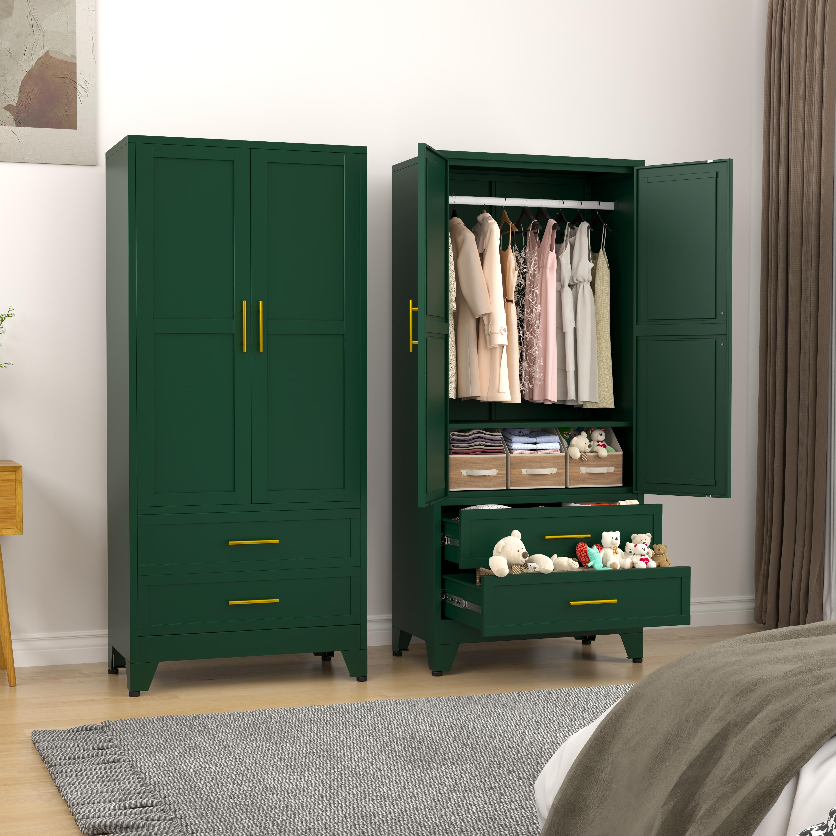 Metal Wardrobe Closet with 2 Doors & 2 Drawers, 71"" Tall Armoire Wardrobe Closet with Hanging Rods and Adjustable Shelf, Steel Wardrobe Storage Cabinet for Bedroom, Large mothersdaygift