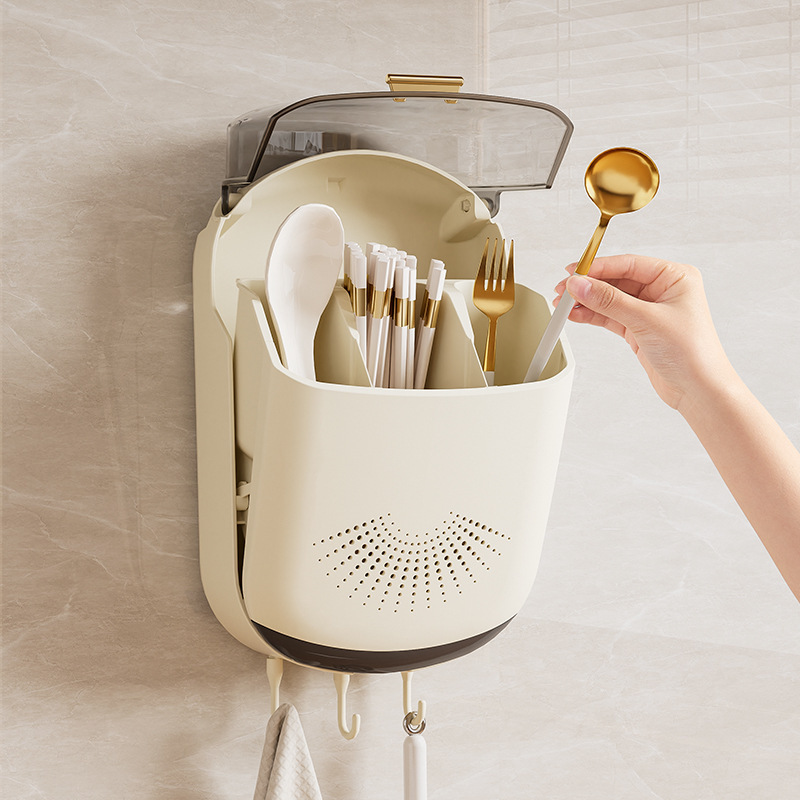 日式防塵瀝免打孔餐具壁掛收納盒