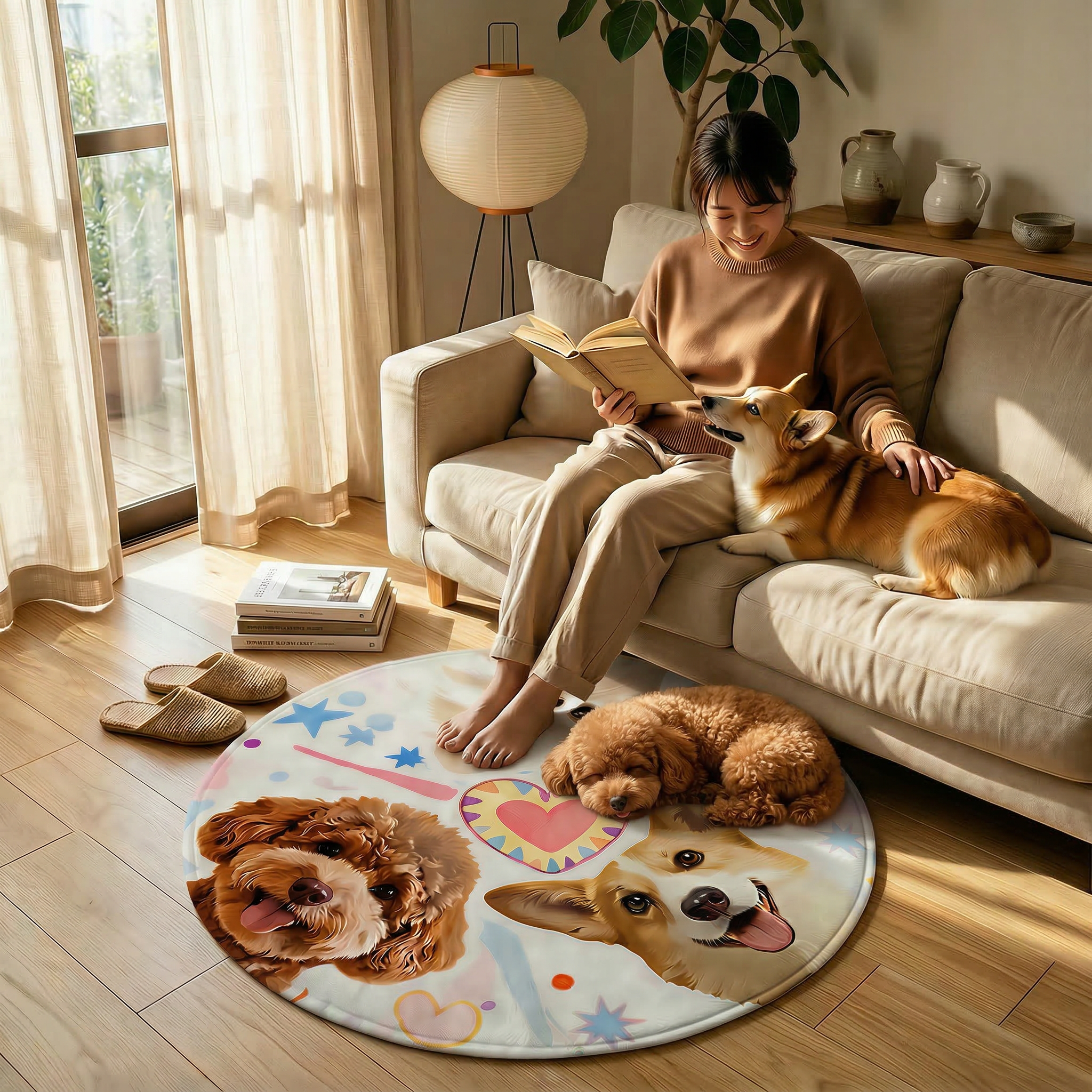 カスタムフワモコ部  ラグマット 円形  【3頭デザイン】260318-8