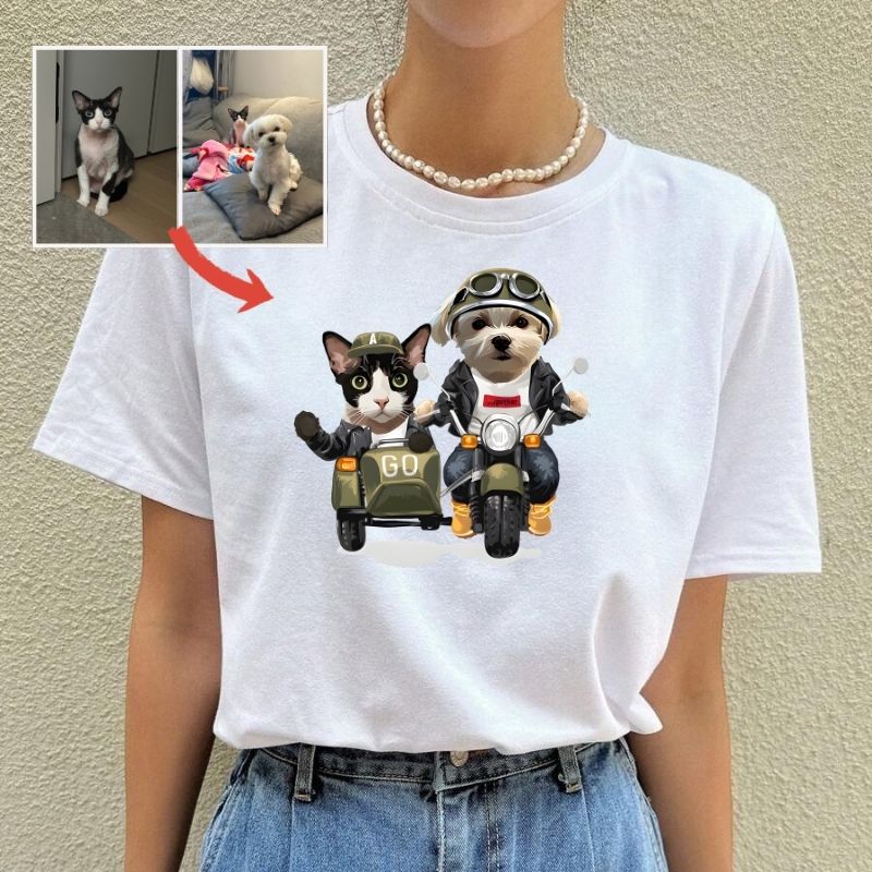 カスタムFluffyClub プレミアムTシャツ バイクに乗る 2頭デザイン #250128-6