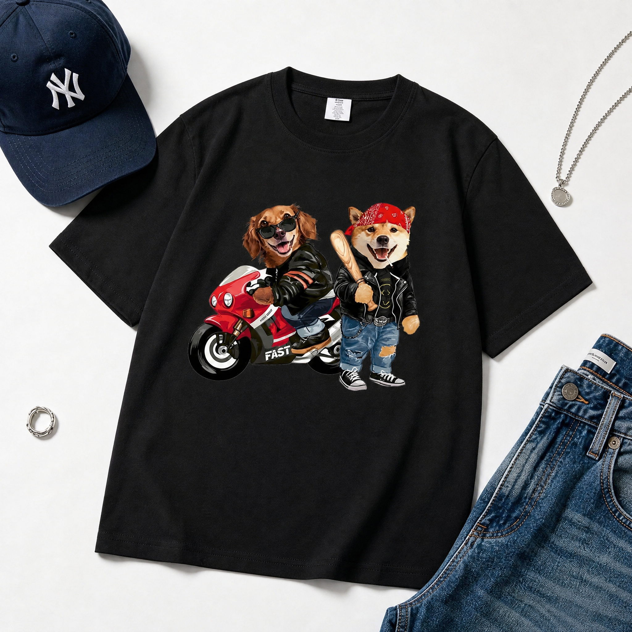 カスタムフワモコ部 アメリカンライダー プレミアムTシャツ  2頭デザイン 260520-6