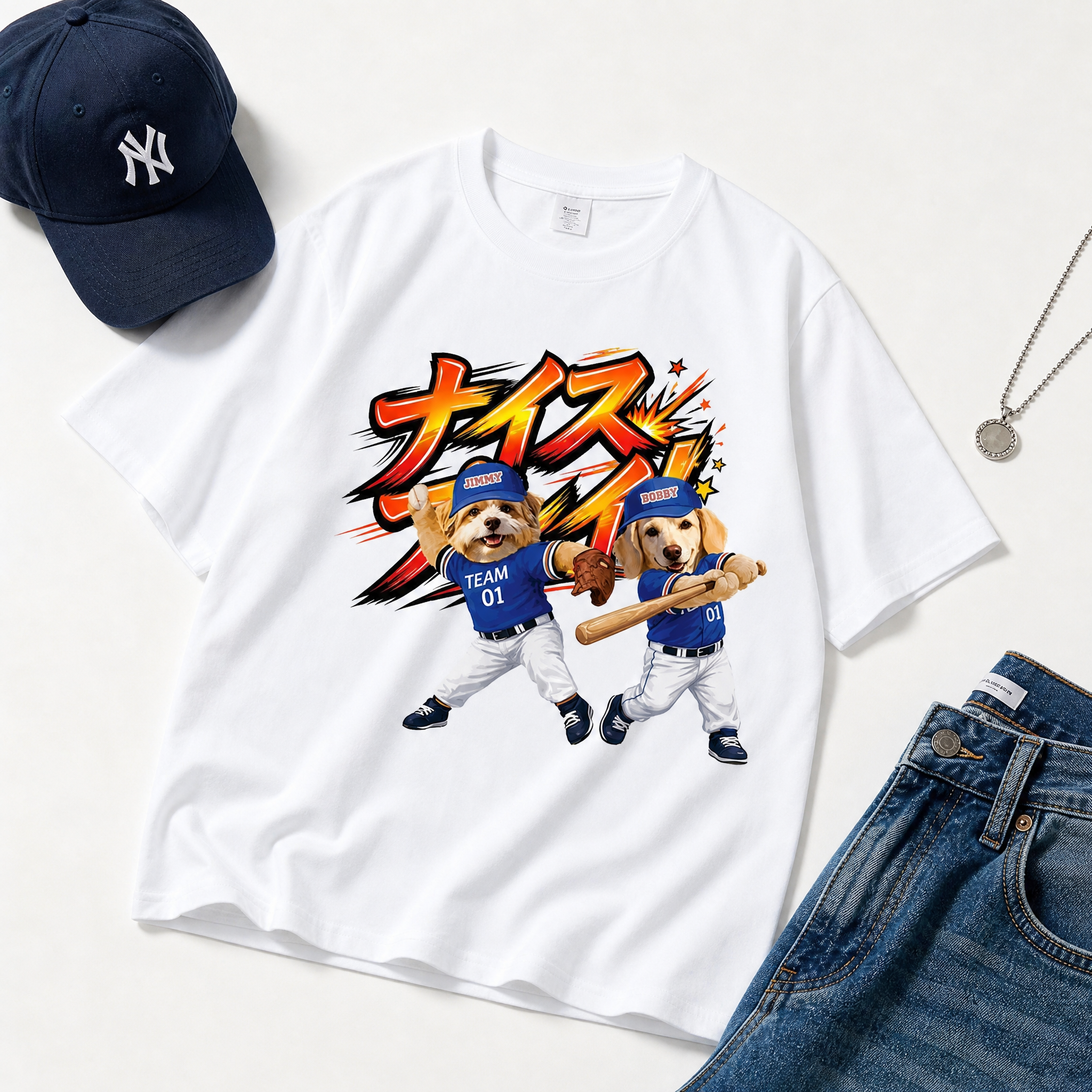 カスタムフワモコ部 野球少年 プレミアムTシャツ  2頭デザイン 260520-7
