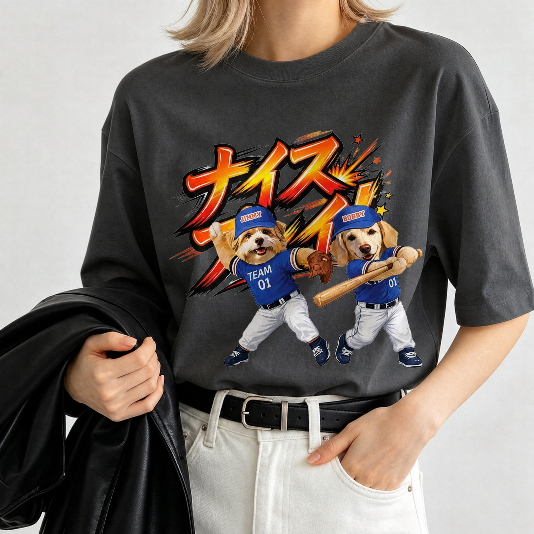 カスタムフワモコ部 野球少年 プレミアムTシャツ  2頭デザイン 260520-7