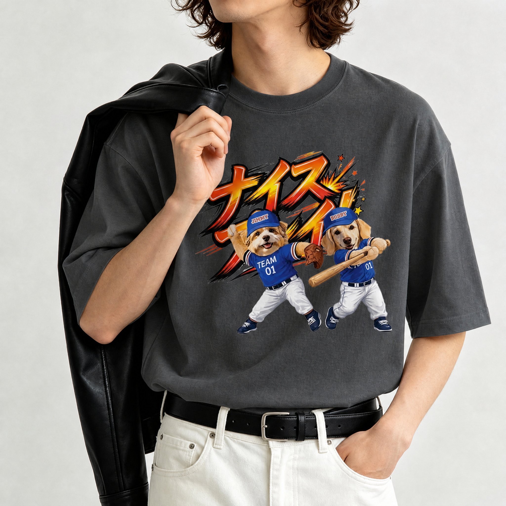 カスタムフワモコ部 野球少年 プレミアムTシャツ  2頭デザイン 260520-7