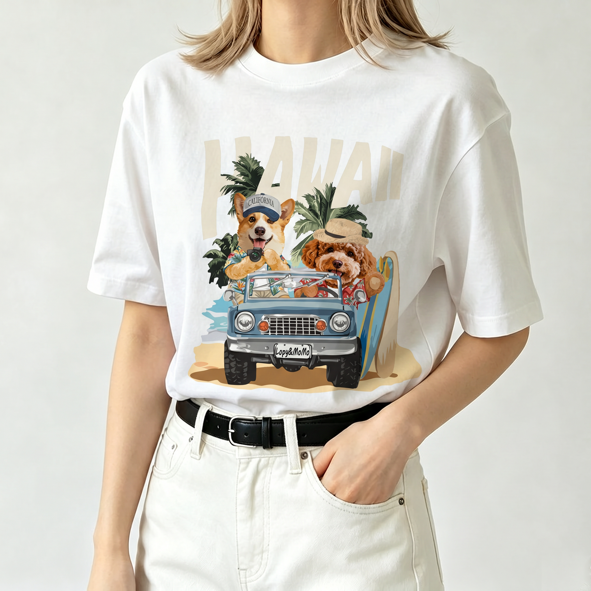 カスタムフワモコ部   ワンコビーチ自撮り  プレミアムTシャツ  2頭デザイン 260610-4