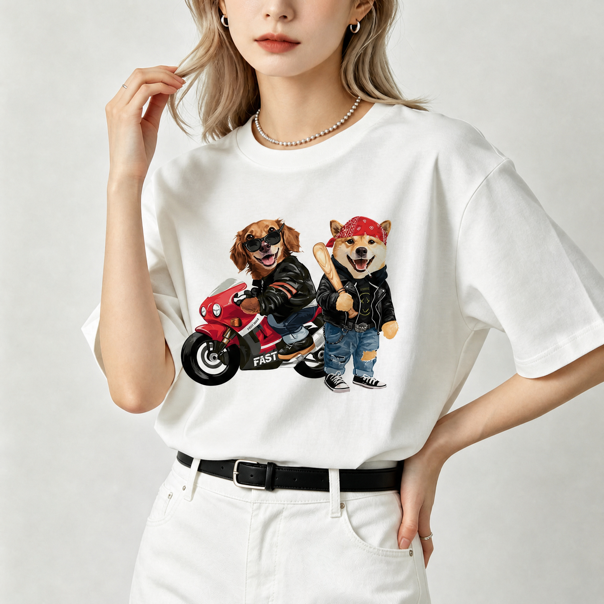 カスタムフワモコ部 アメリカンライダー プレミアムTシャツ  2頭デザイン 260520-6