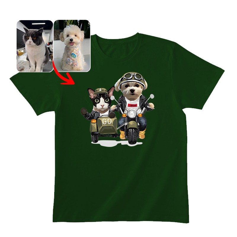 カスタムFluffyClub クラシックTシャツ バイクに乗る 2頭デザイン #250123-6