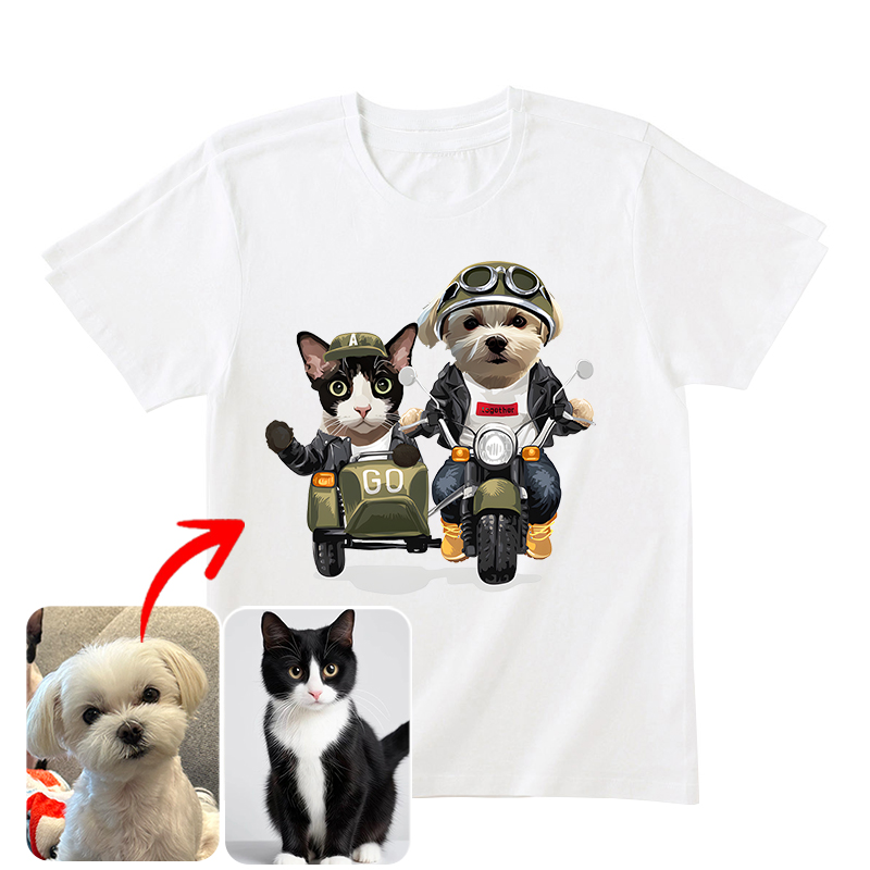 カスタムフワモコ部  クラシックTシャツ バイクに乗る 2頭デザイン #250123-6