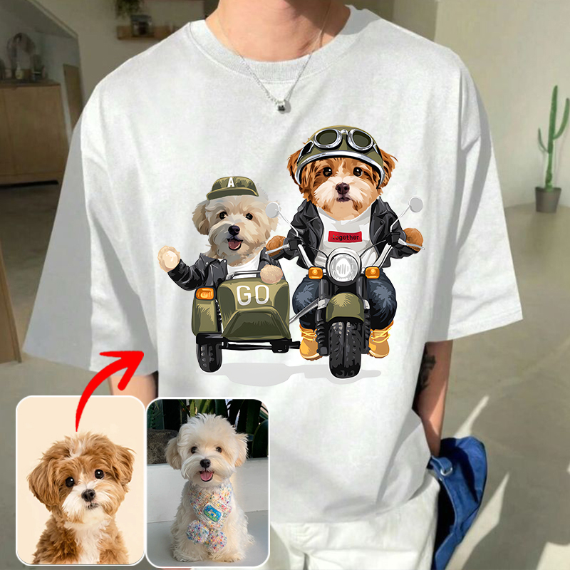 カスタムフワモコ部  プレミアムTシャツ バイクに乗る 2頭デザイン #250128-6