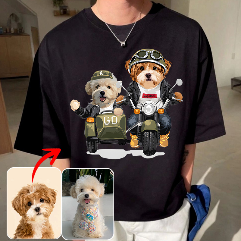 カスタムフワモコ部  プレミアムTシャツ バイクに乗る 2頭デザイン #250128-6