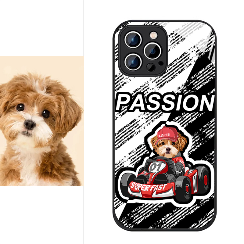 カスタムフワモコ部   ガラス・チェーンショルダー付きiPhoneケース   四輪レース  0408-3-1