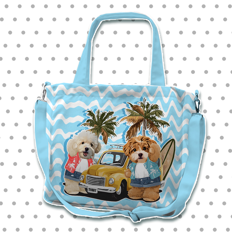 カスタムフワモコ部  2way ショルダートートバッグ  夏のサーフィン  2頭デザイン0514-3-1