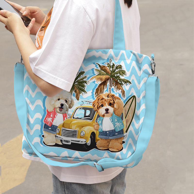 カスタムフワモコ部  2way ショルダートートバッグ  夏のサーフィン  2頭デザイン0514-3-1
