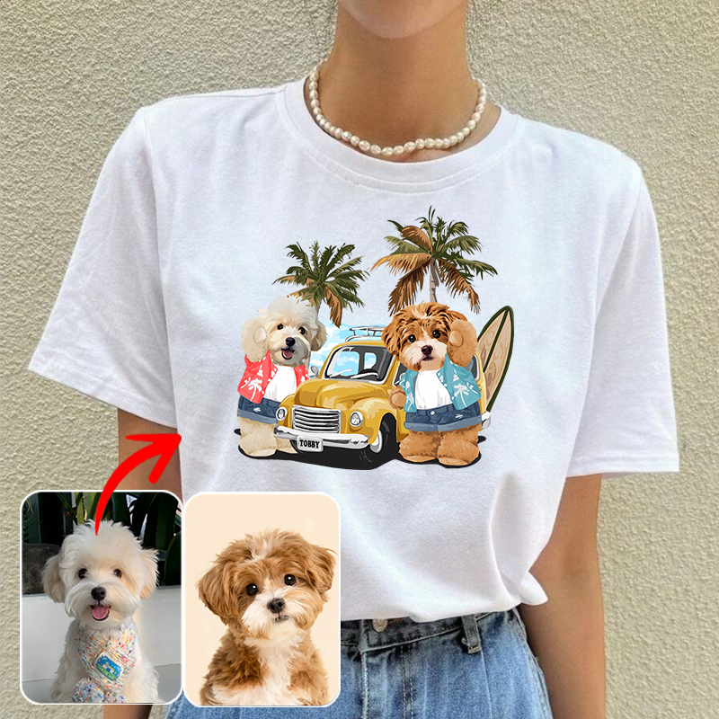 カスタムフワモコ部  プレミアムTシャツ  夏のサーフィン  2頭デザイン 0514-1-1