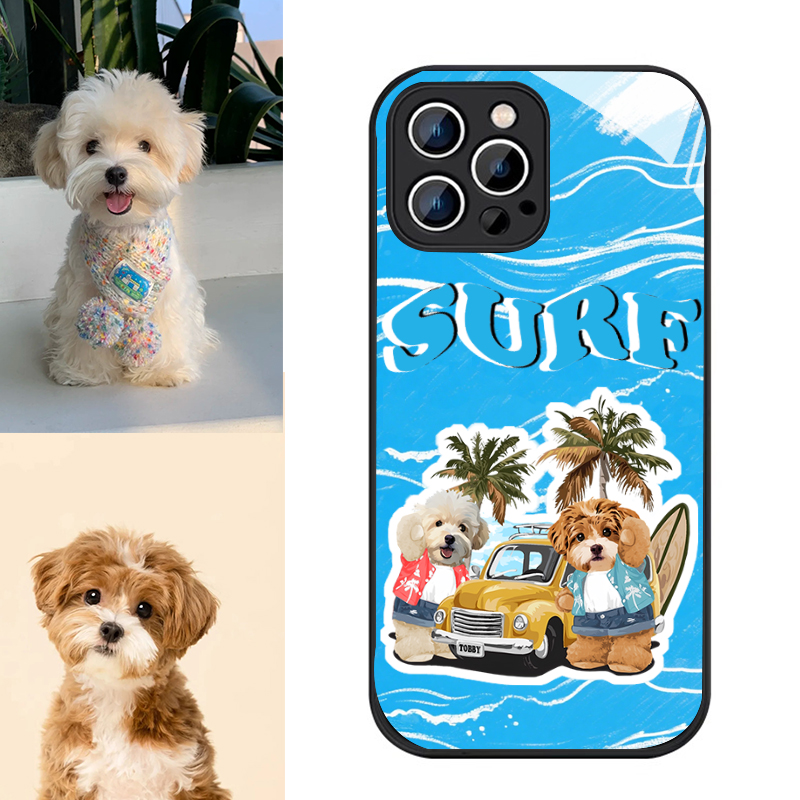 カスタムフワモコ部   ガラス・チェーンショルダー付きiPhoneケース  夏のサーフィン  2頭デザイン   0515-1-1