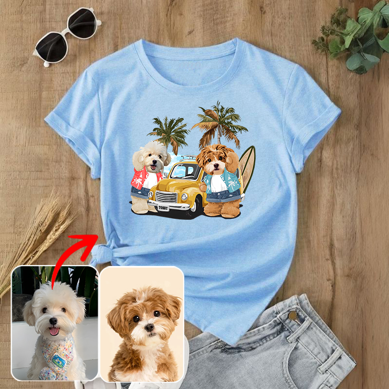 カスタムフワモコ部  プレミアムTシャツ  夏のサーフィン  2頭デザイン 0514-1-1