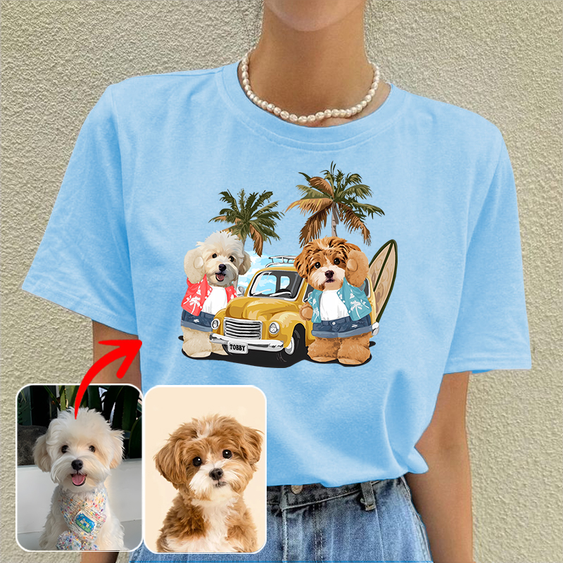 カスタムフワモコ部  プレミアムTシャツ  夏のサーフィン  2頭デザイン 0514-1-1