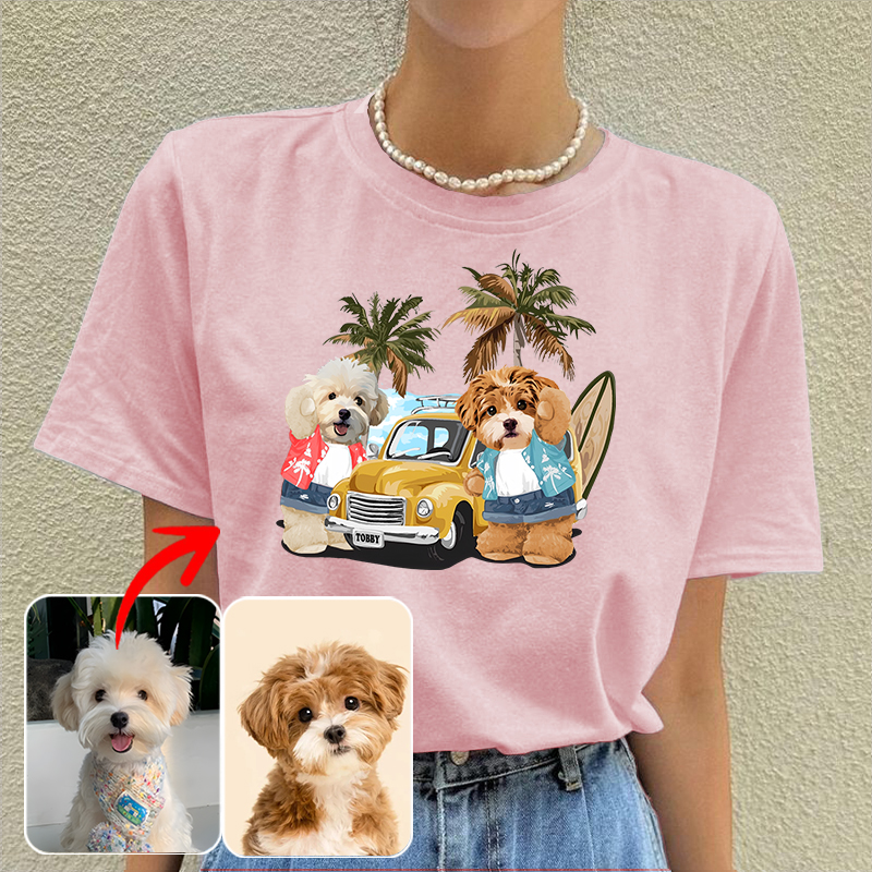 カスタムフワモコ部  プレミアムTシャツ  夏のサーフィン  2頭デザイン 0514-1-1