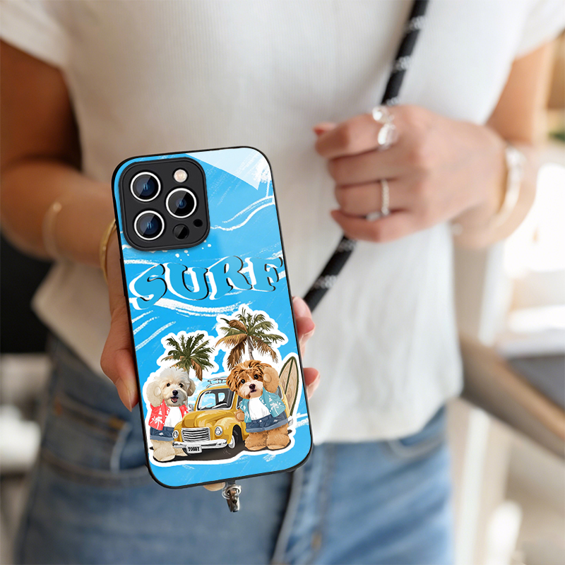 カスタムフワモコ部   ガラス・チェーンショルダー付きiPhoneケース  夏のサーフィン  2頭デザイン   0515-1-1