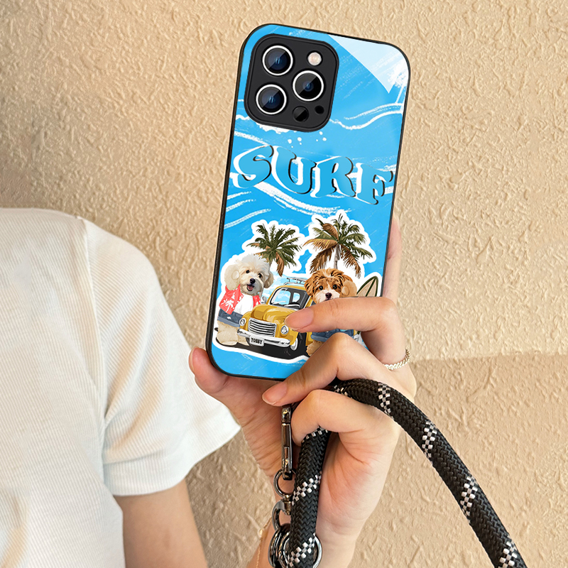 カスタムフワモコ部   ガラス・チェーンショルダー付きiPhoneケース  夏のサーフィン  2頭デザイン   0515-1-1