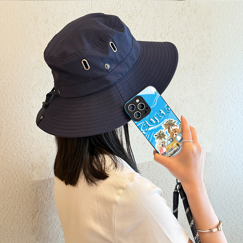 カスタムフワモコ部   ガラス・チェーンショルダー付きiPhoneケース  夏のサーフィン  2頭デザイン   0515-1-1