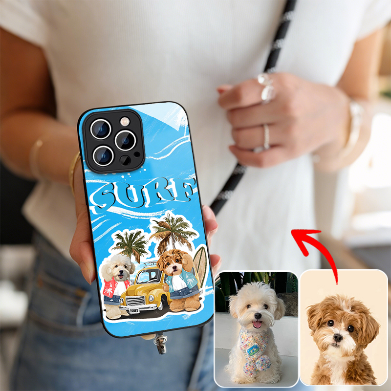 カスタムフワモコ部   ガラス・チェーンショルダー付きiPhoneケース  夏のサーフィン  2頭デザイン   0515-1-1