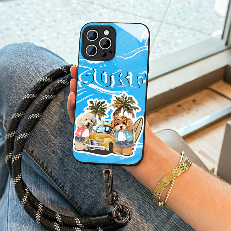 カスタムフワモコ部   ガラス・チェーンショルダー付きiPhoneケース  夏のサーフィン  2頭デザイン   0515-1-1