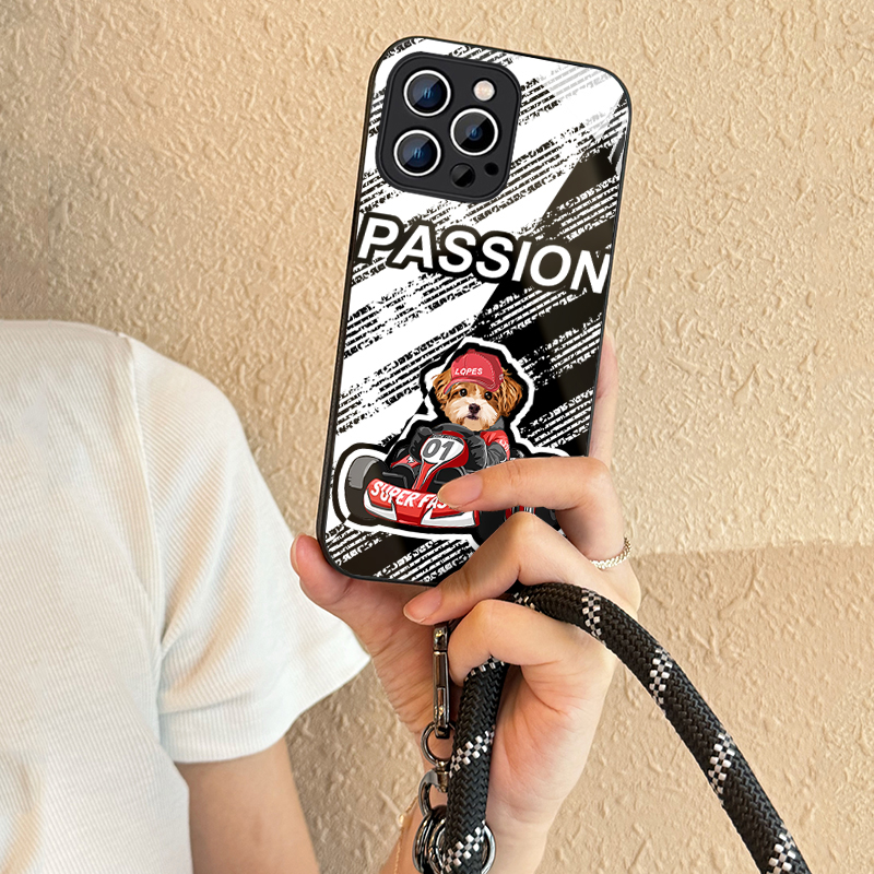 カスタムフワモコ部   ガラス・チェーンショルダー付きiPhoneケース   四輪レース  0408-3-1