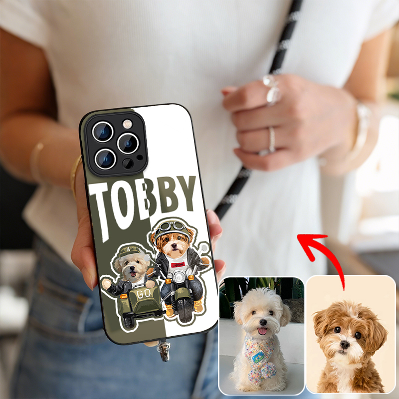 カスタムフワモコ部   ガラス・チェーンショルダー付きiPhoneケース  バイクに乗る0310-1-1