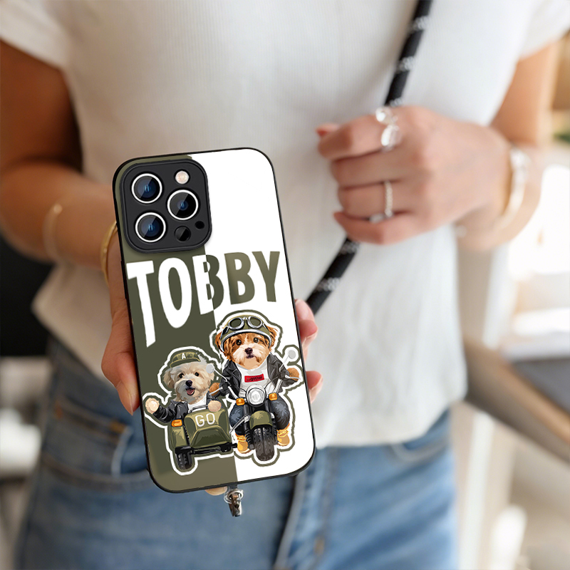 カスタムフワモコ部   ガラス・チェーンショルダー付きiPhoneケース  バイクに乗る0310-1-1