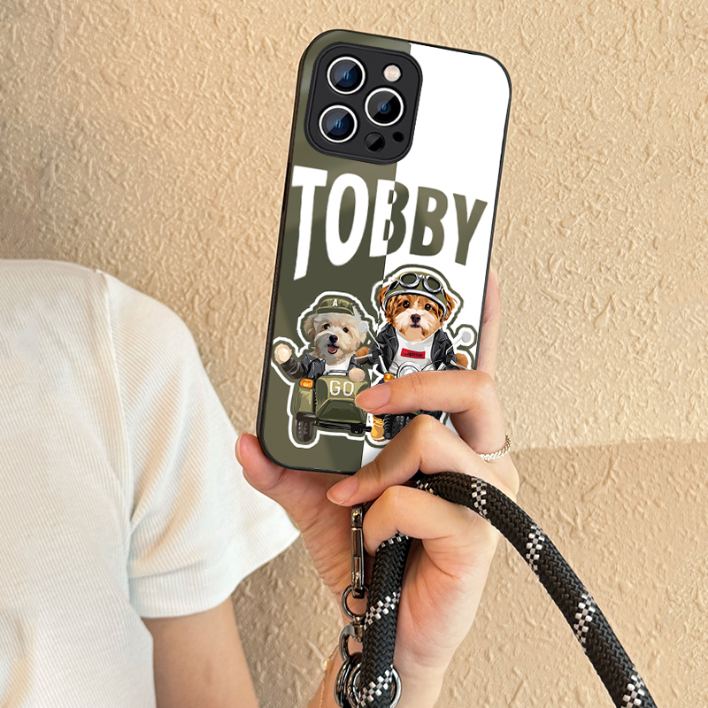 カスタムフワモコ部   ガラス・チェーンショルダー付きiPhoneケース  バイクに乗る0310-1-1