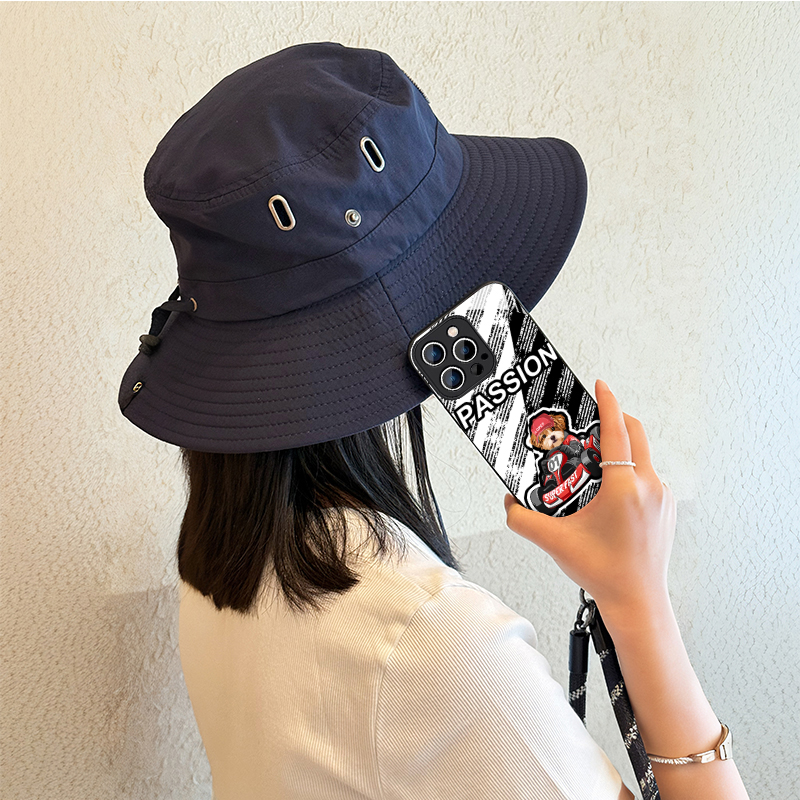 カスタムフワモコ部   ガラス・チェーンショルダー付きiPhoneケース   四輪レース  0408-3-1