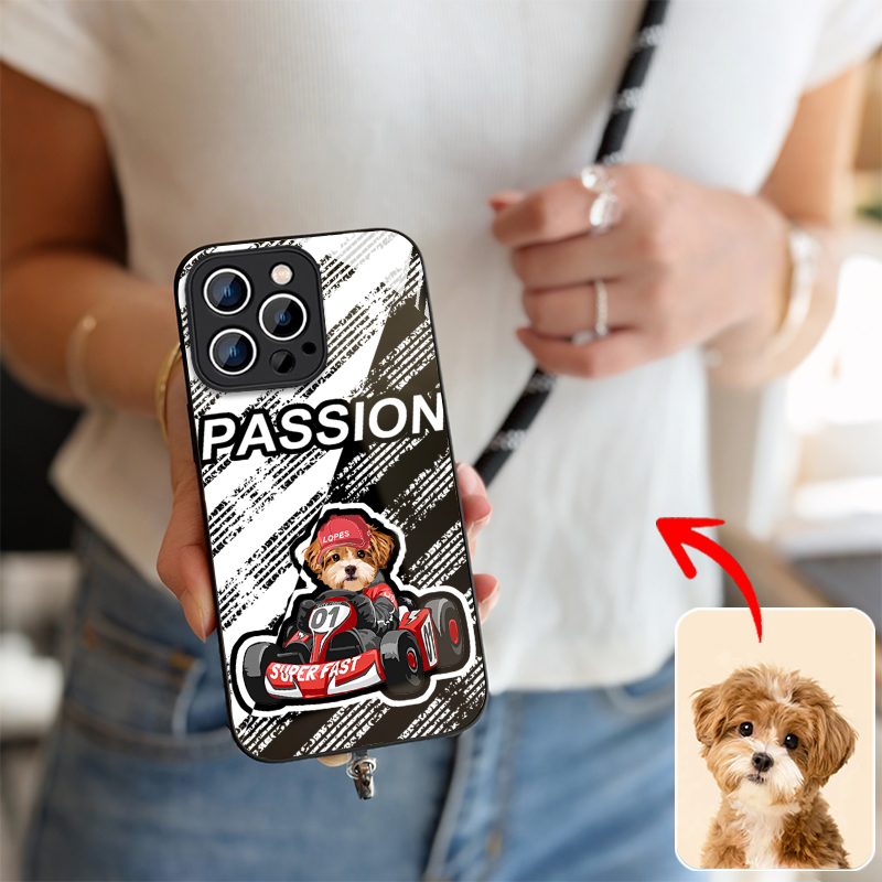 カスタムフワモコ部   ガラス・チェーンショルダー付きiPhoneケース   四輪レース  0408-3-1