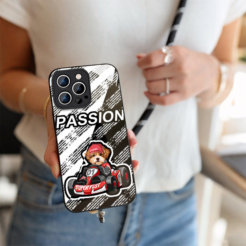 カスタムフワモコ部   ガラス・チェーンショルダー付きiPhoneケース   四輪レース  0408-3-1