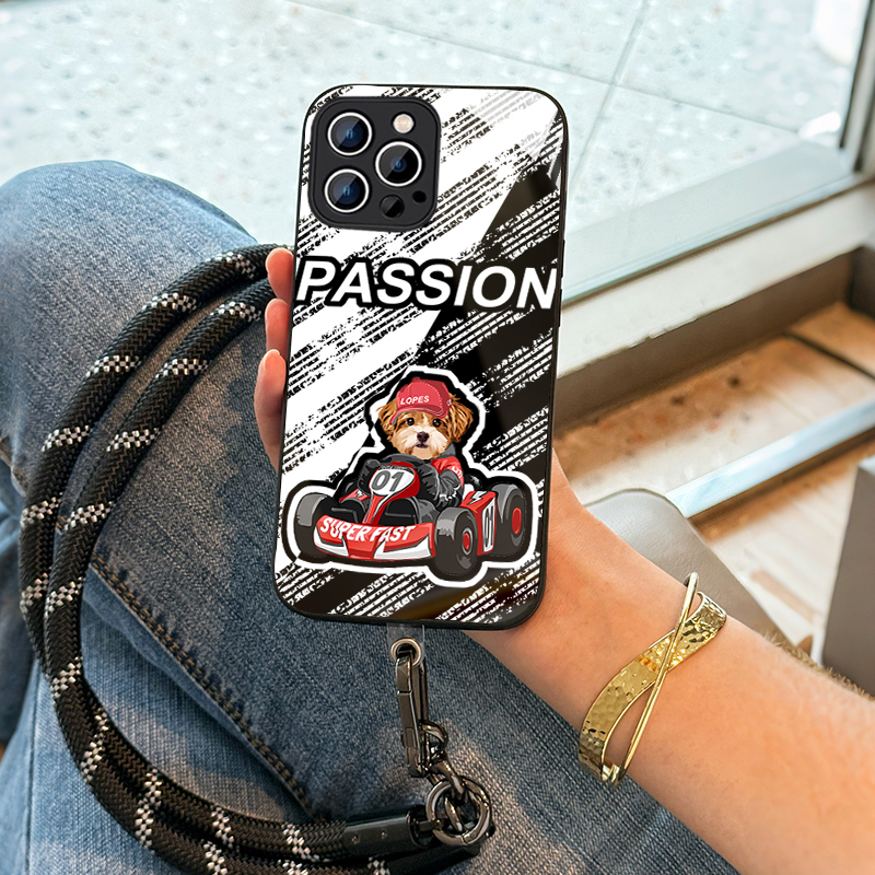 カスタムフワモコ部   ガラス・チェーンショルダー付きiPhoneケース   四輪レース  0408-3-1