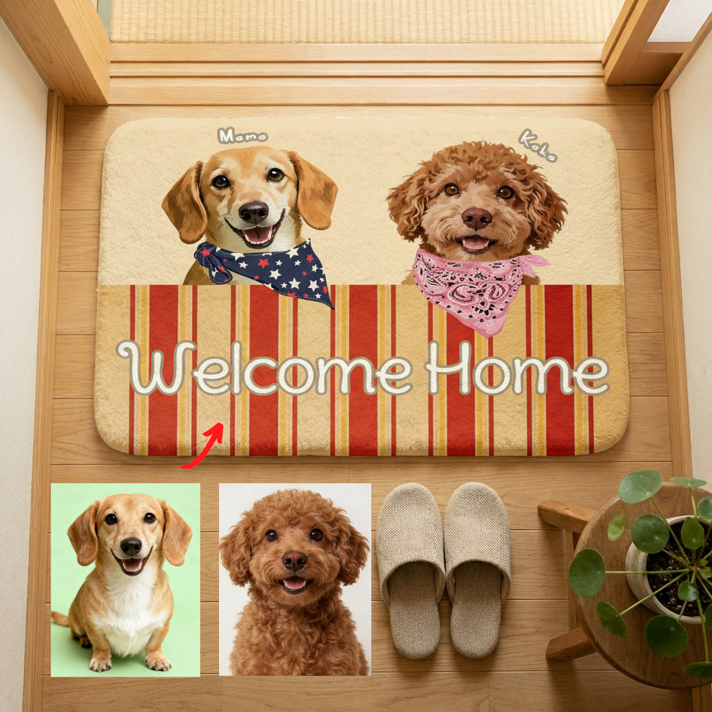 カスタムフワモコ部  玄関マット 長方形  【3頭デザイン】26112-4