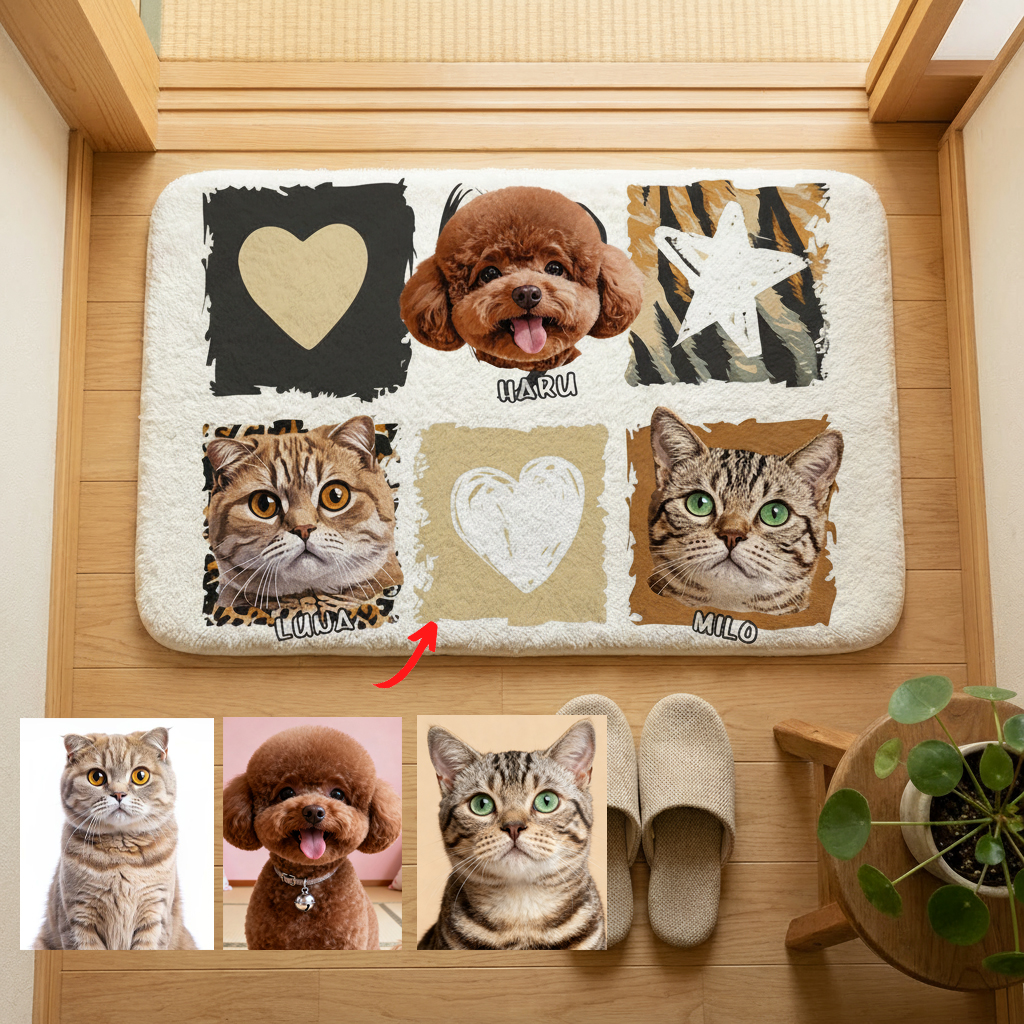 カスタムフワモコ部  玄関マット 長方形  【3頭デザイン】26112-2