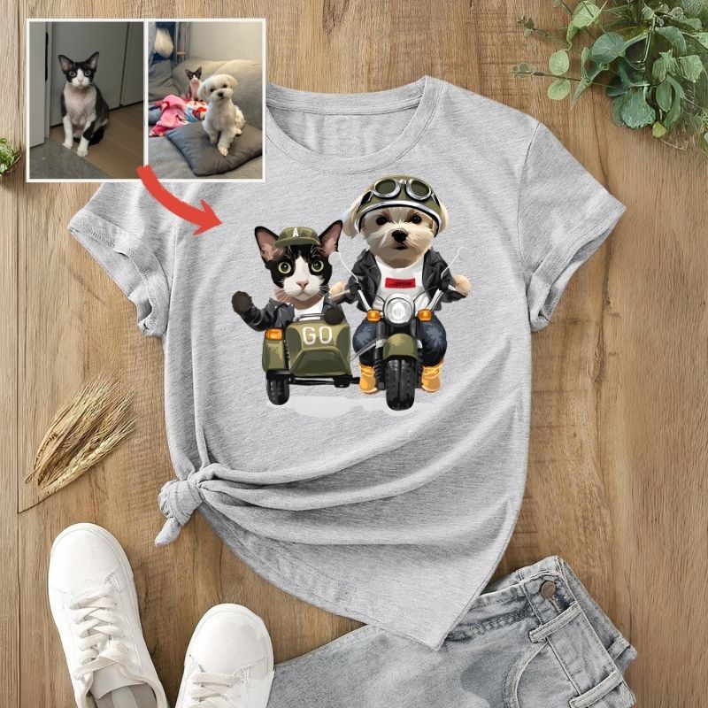 カスタムFluffyClub プレミアムTシャツ バイクに乗る 2頭デザイン #250128-6