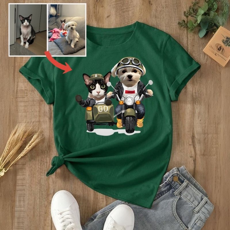 カスタムFluffyClub プレミアムTシャツ バイクに乗る 2頭デザイン #250128-6