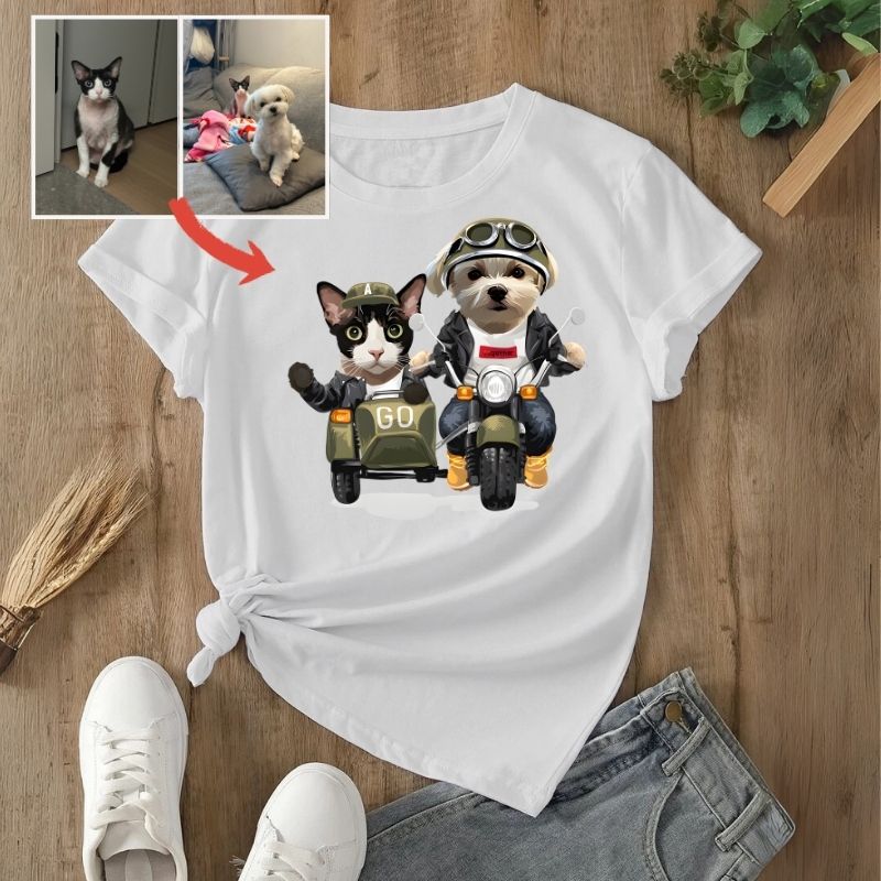 カスタムFluffyClub プレミアムTシャツ バイクに乗る 2頭デザイン #250128-6