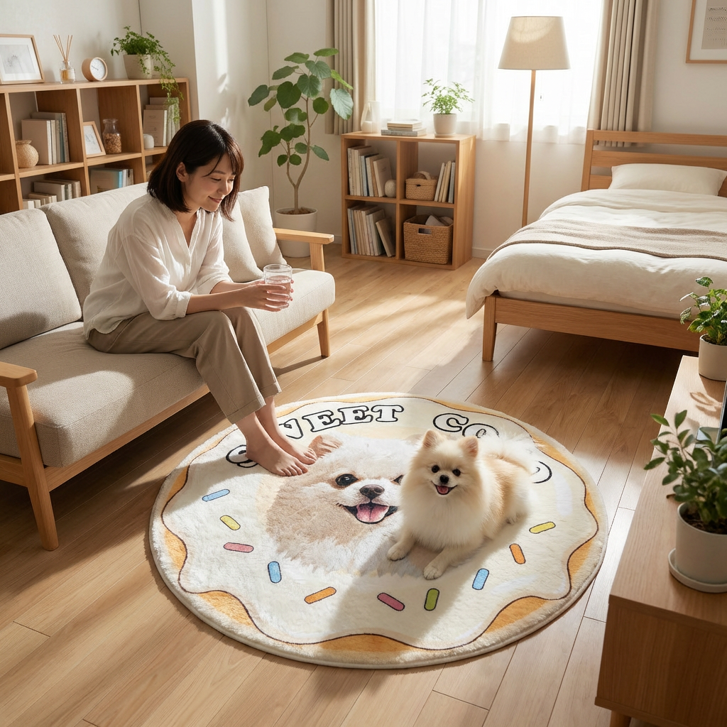 カスタムフワモコ部  ラグマット 円形  【1頭デザイン】26116-2