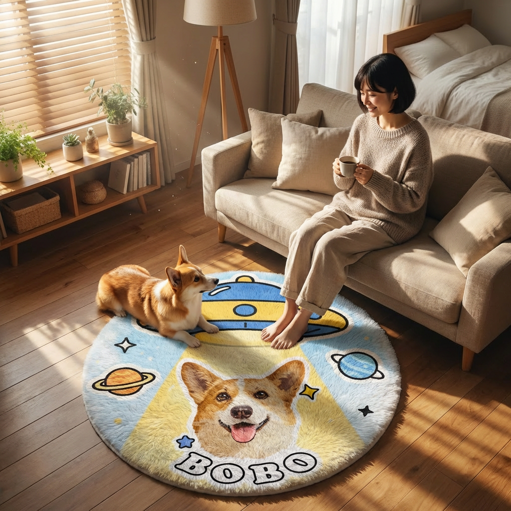 カスタムフワモコ部  ラグマット 円形  【1頭デザイン】26129-2