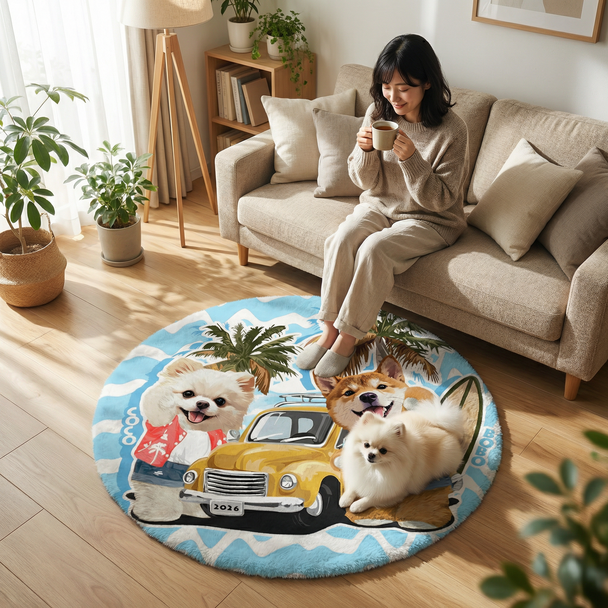 カスタムフワモコ部  ラグマット 円形  【2頭デザイン】26129-4