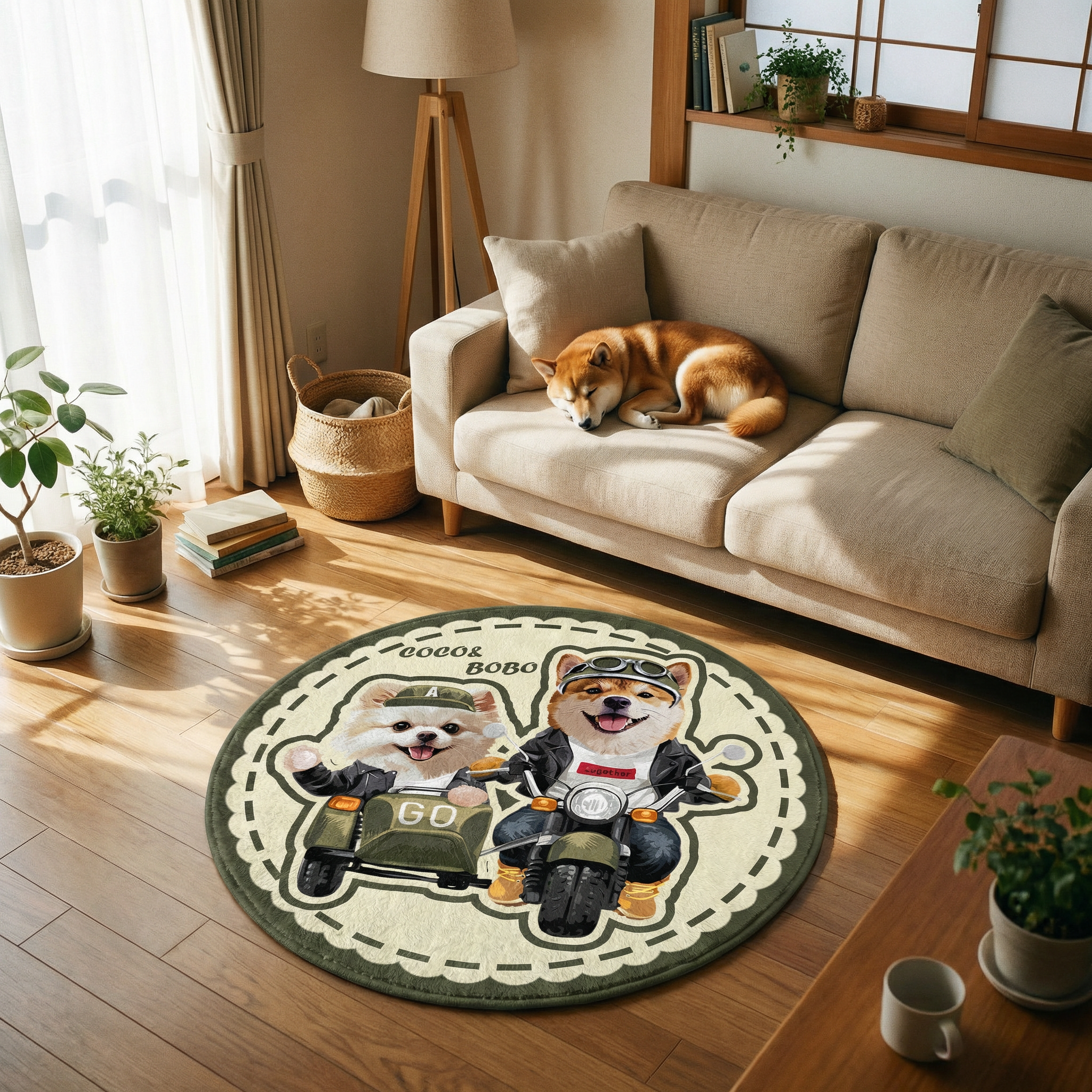 カスタムフワモコ部  ラグマット 円形  【2頭デザイン】26129-5