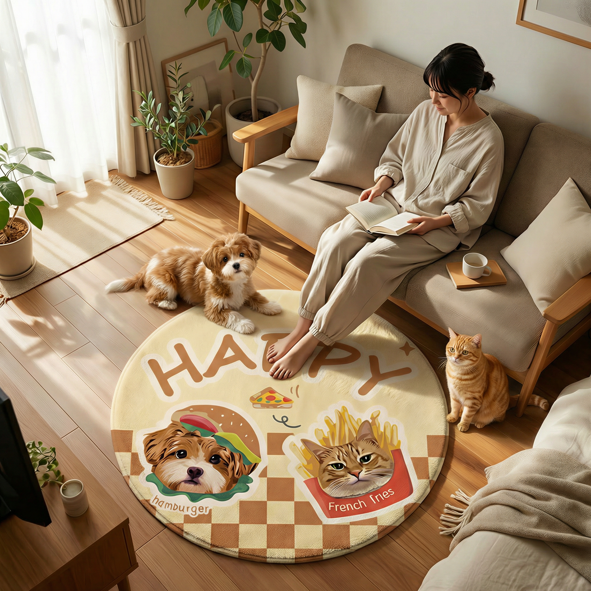 カスタムフワモコ部  ラグマット 円形  【2頭デザイン】26129-3