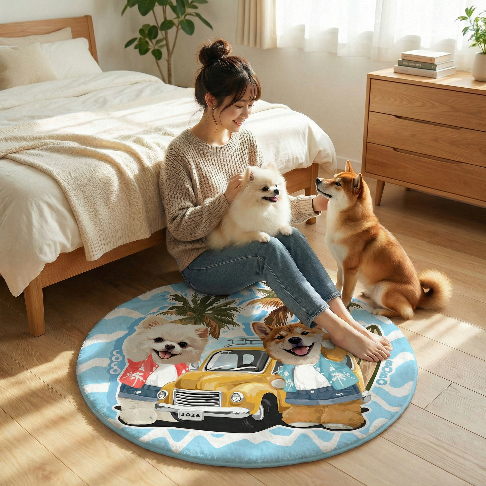 カスタムフワモコ部  ラグマット 円形  【2頭デザイン】26129-4