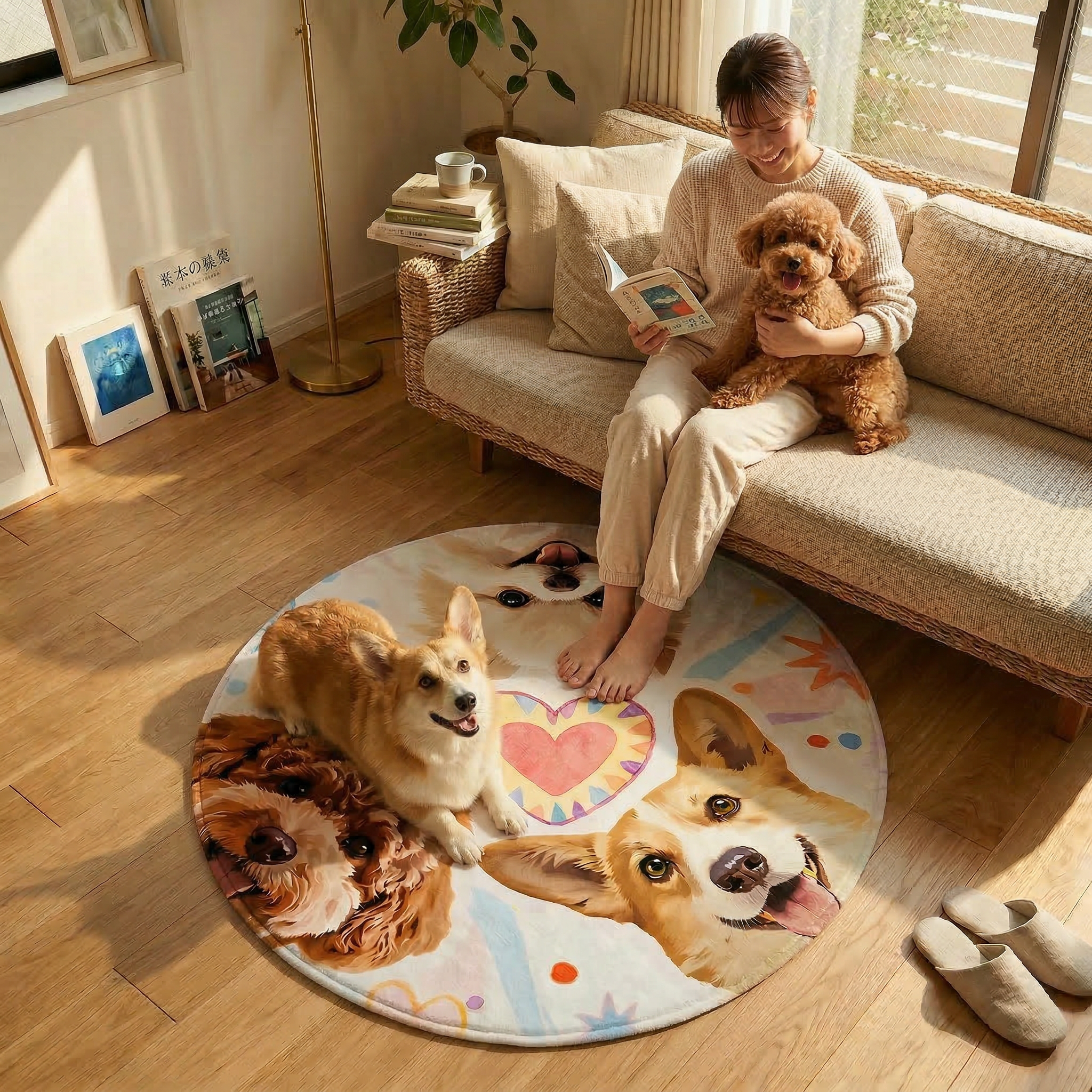 カスタムフワモコ部  ラグマット 円形  【3頭デザイン】260318-8