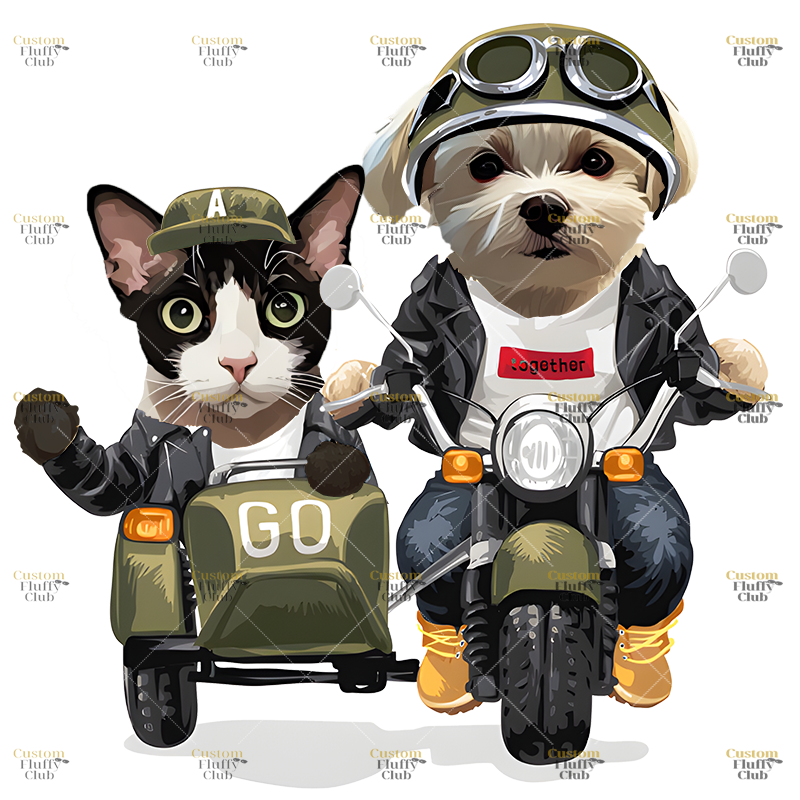 カスタムフワモコ部  プレミアムTシャツ バイクに乗る 2頭デザイン #250128-6