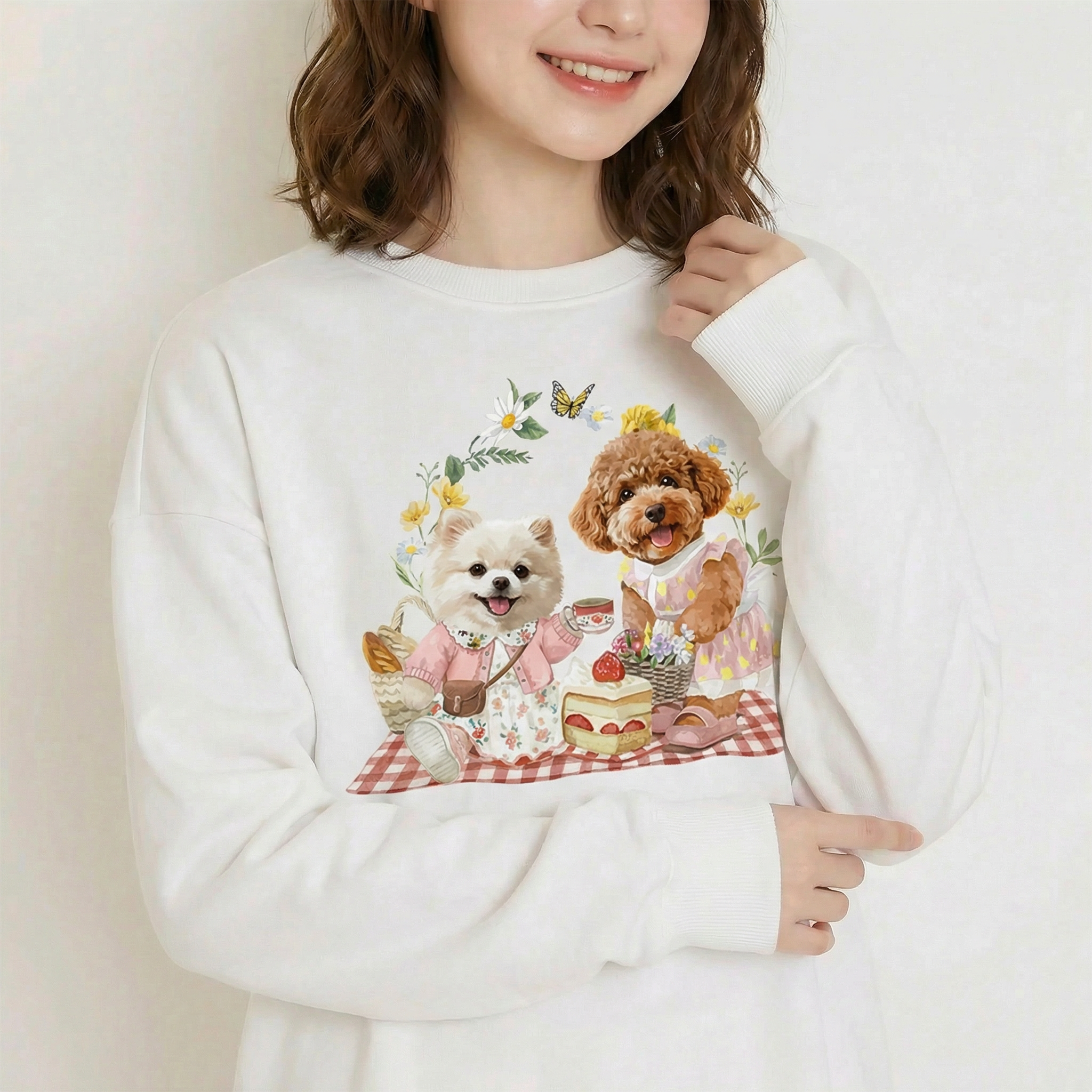 カスタムフワモコ部 　トレーナー ピクニック 2頭デザイン26115-7