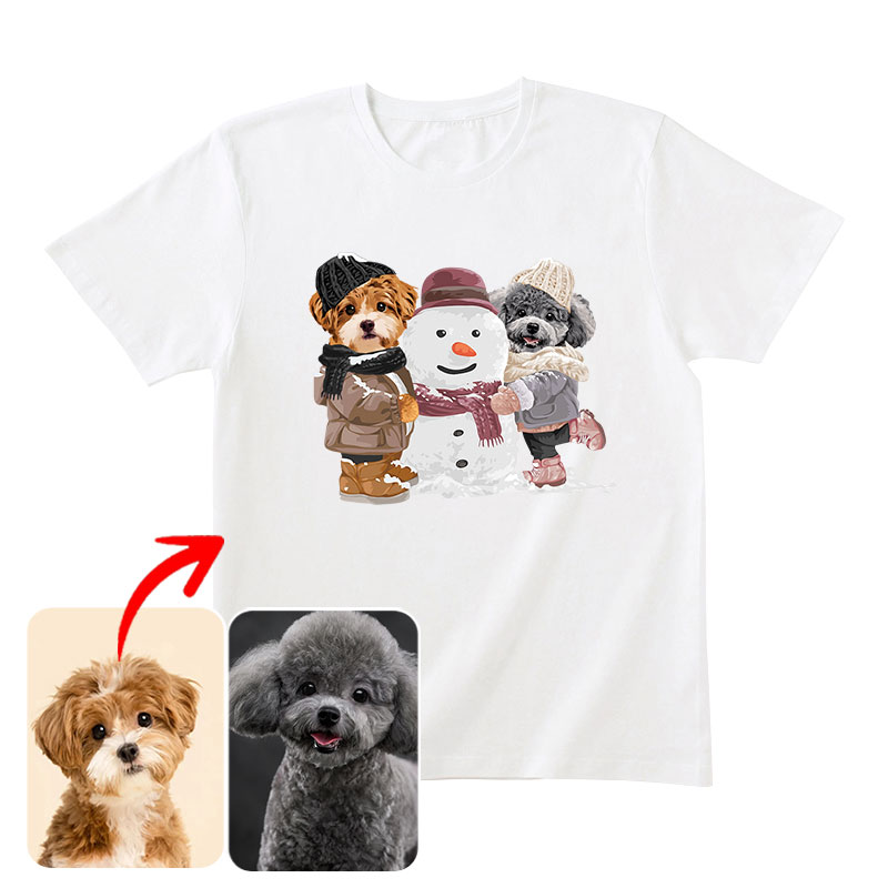 カスタムFluffyclub　半袖Tシャツ  雪だるまを作る  2頭デザイン25114-5